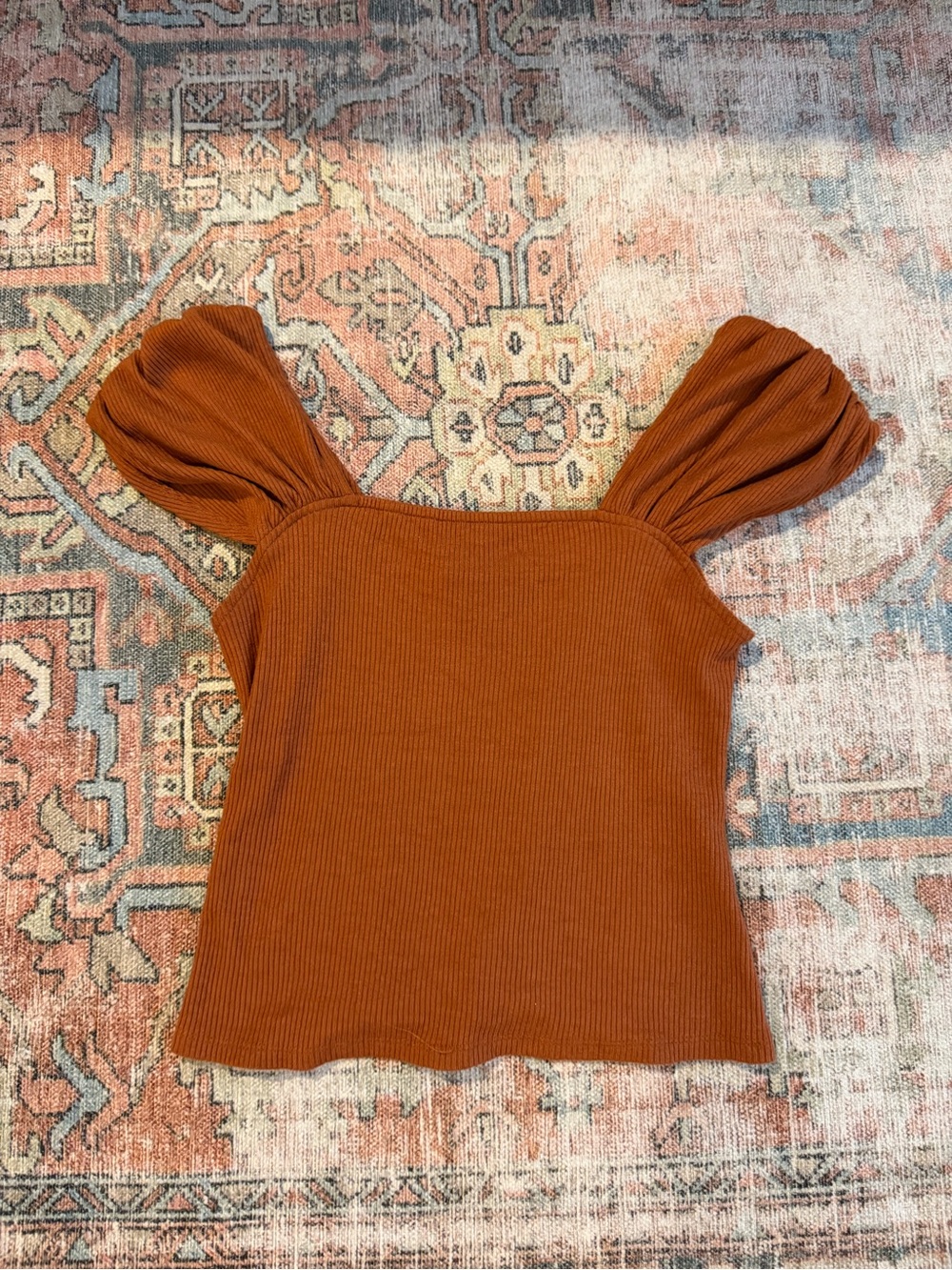 Anthropologie Ribbed Puff-Sleeve Crop Top - Rust Orange